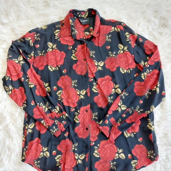 The Kooples Paris 100% Silk Women's Black and Red Rose Blouse Shirt Size 3 - Picture 2 of 9